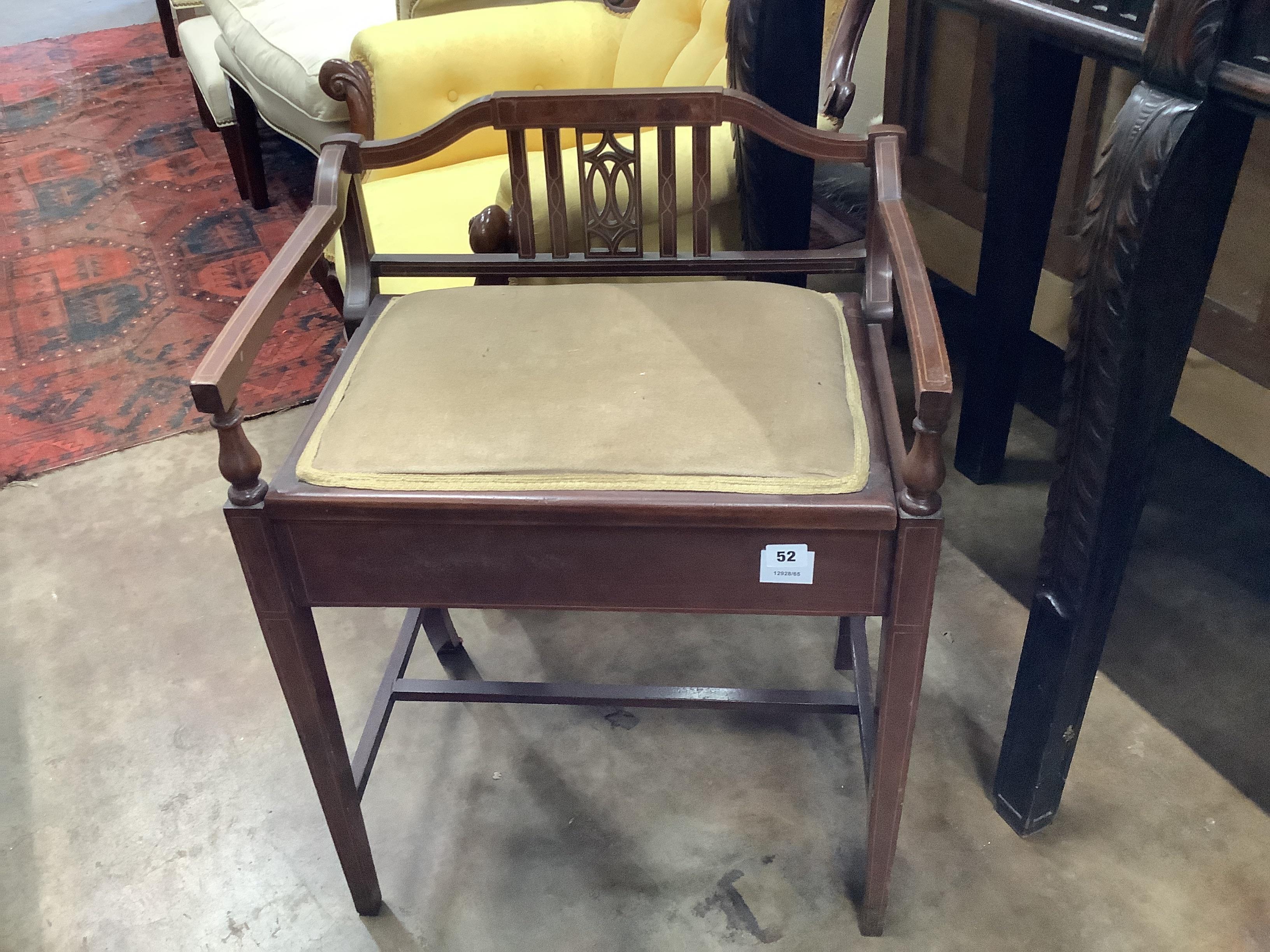 An Edwardian inlaid mahogany piano stool, width 54cm, height 72cm together with an Edwardian oval mahogany occasional table